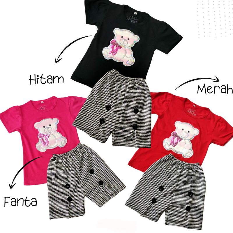 Setelan anak Perempuan aplikasi &quot;BEAR&quot; Size 1-5th bahan Ducati Katun Spandek Premium