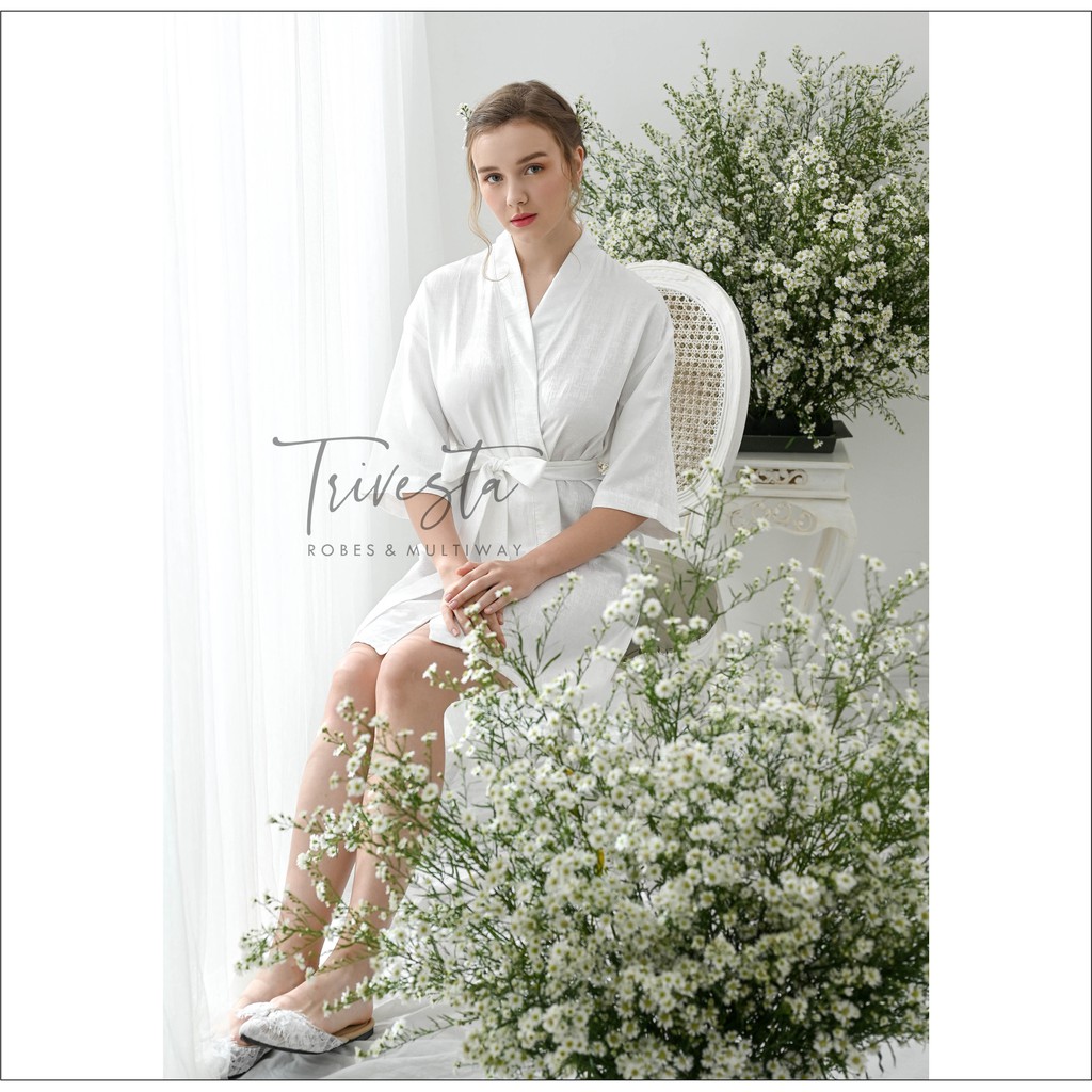 Trivesta Robes - Basic Robe Broken White / Embossed - Kimono Robe Bridesmaid Satin + Free Bordir (Tulisan Bebas Bisa Nama)