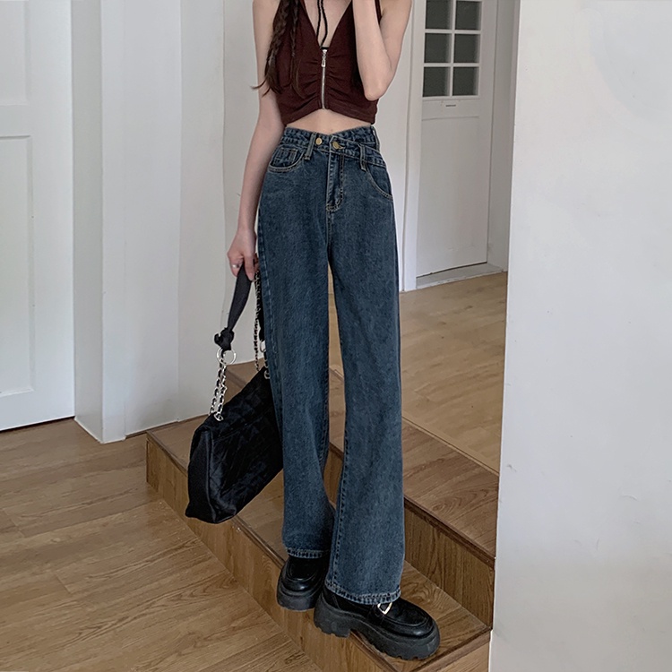 celana jeans wanita terbaru /high-waist straight-leg wide-leg jeans celana highwaist wanita/high-waist hamparan luas leg denim kasual berkobar celana wanita Korea/Celana jins pinggang tinggi korean style kasual celana lurus longgar