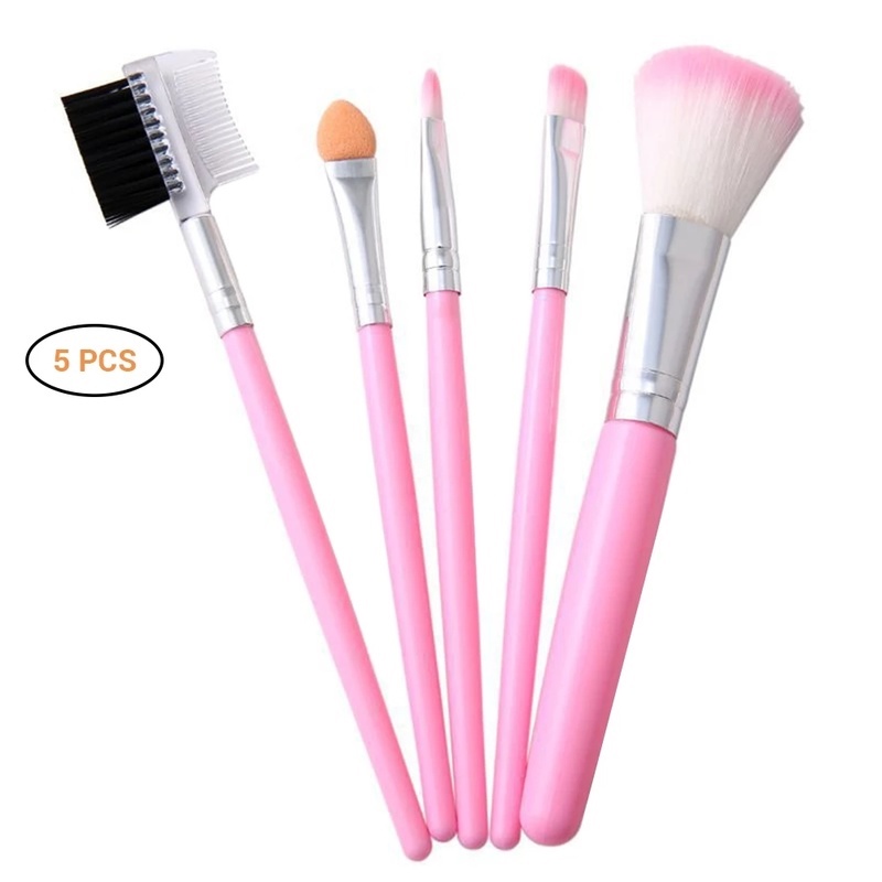 [5 Pcs Mini Pink Professional Makeup Brushes Set For Applying Foundation, Powder, Concealers, Eyeliner, Eyebrow, Eye Shadows][Daily Basic Cosmetic Tool]