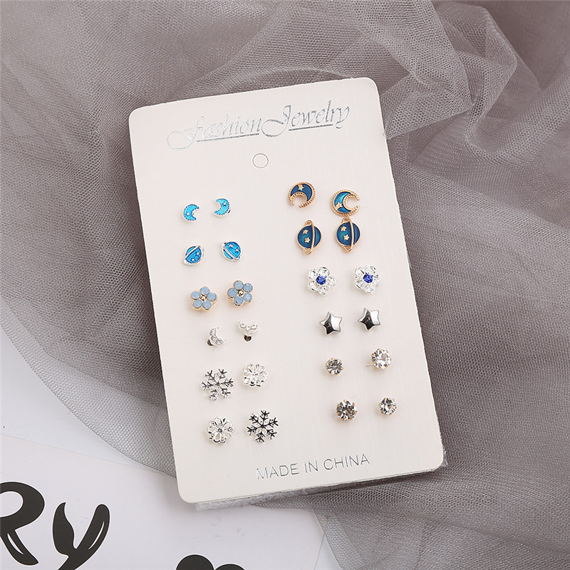 [12 Pairs Mixed Styles Moon Earth Stars Ear Cuff Stud Earrings ] [Ladies Elegant Rhinestone Studs Earrings] [Korean INS Simple Style Bridal Wedding Party Ear Jewelry]