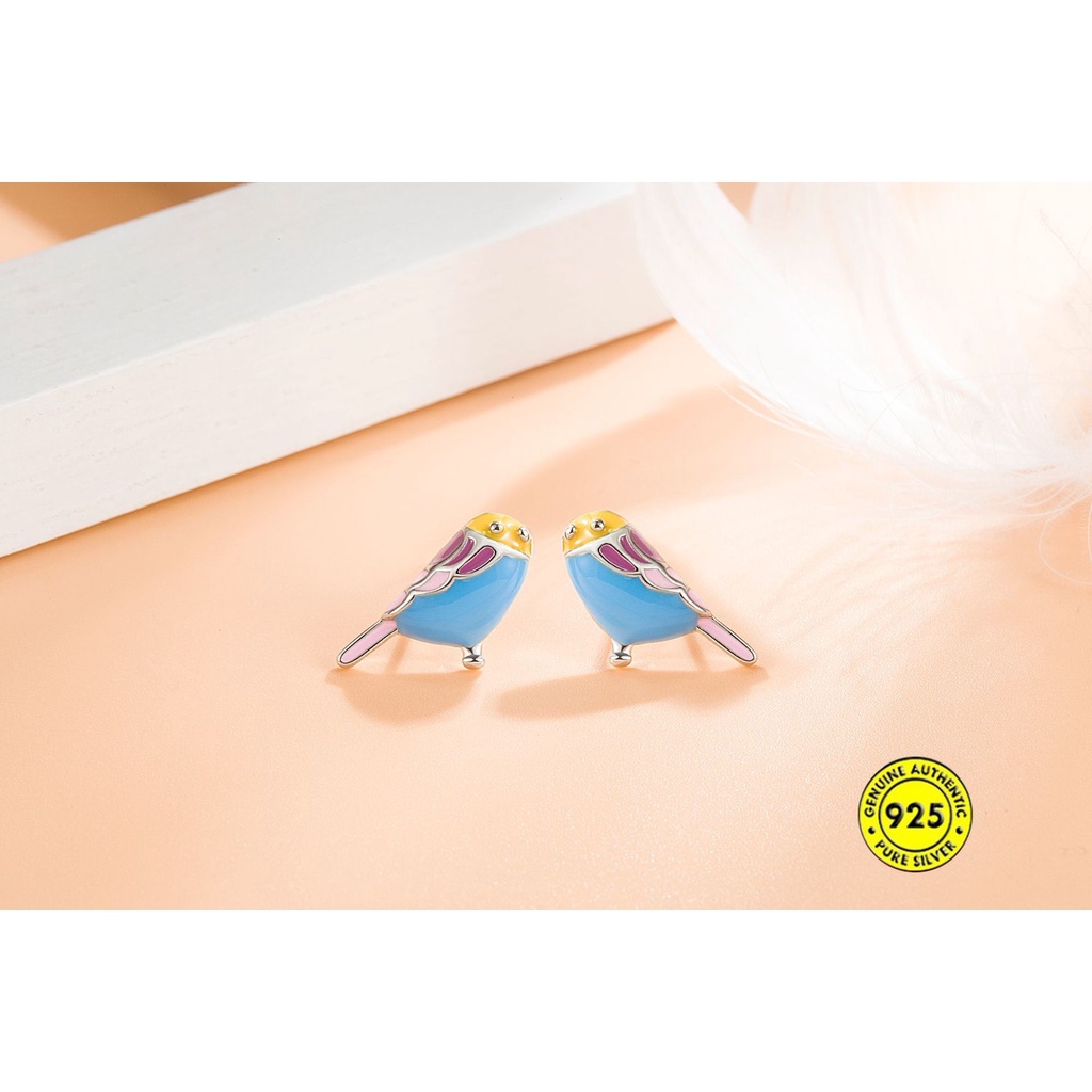 Anting Stud Silver Needle Bentuk Burung Warna-Warni Anti Alergi Untuk Wanita