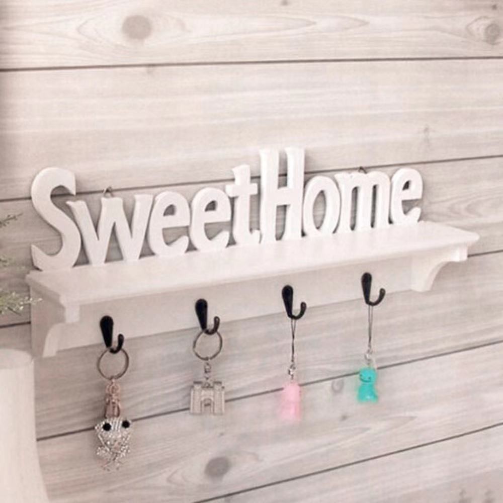 Rak dinding tempel vintage SWEET HOME dengan 4 buah hook gantungan