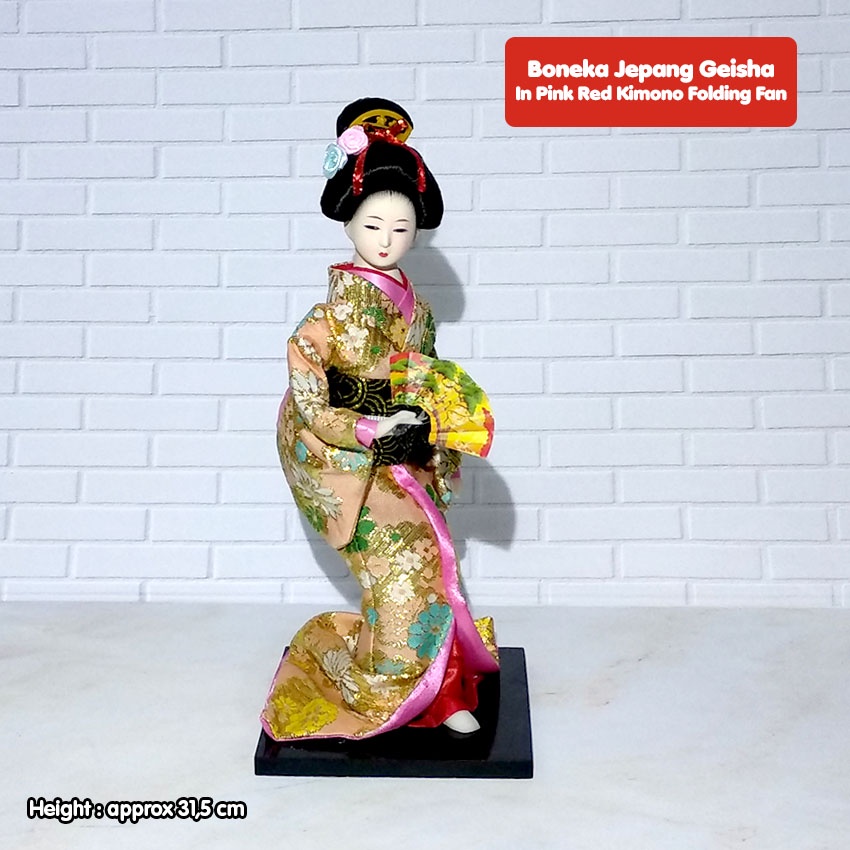 Boneka Jepang Geisha Kimono Cream Pink Kipas Lipat Folding Fan Sedang