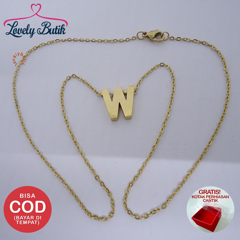 Lovelybutik Accent Kalung Huruf Titanium Anti Karat Inisial W Uk 44 cm Warna Emas BONUS KOTAK