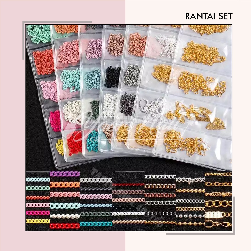 Rantai 6w nail art hiasan kuku chain nails 6 warna pack set