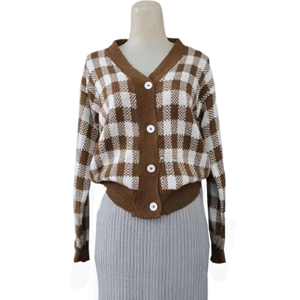 Vallina Plaid Knit Cardigan | Outer Rajut Kotak Kardigan Muslim Wanita Korean Style-3