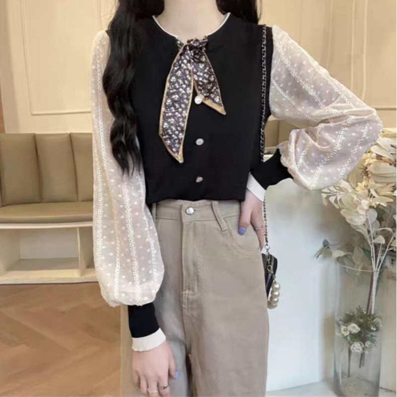 MDLV ~ 7259 Elfrida Knit Top Atasan Blouse Rajut Combi Lace Korea Look Fashion import