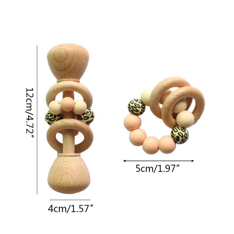 Mary 2pcs / Set Mainan Edukasi Rattle Teether Manik-Manik Kayu + Silikon Untuk Bayi