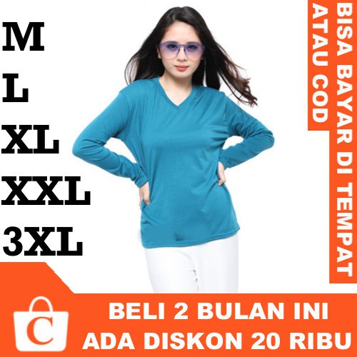 CORATCORETUDIO Kaos Wanita T-Shirt Cewek Jumbo Big Size Panjang Polos Leher V Neck BIRU TURKIS