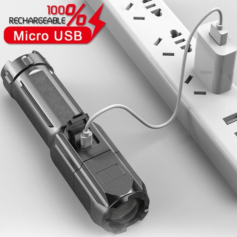 Lampu Senter Led T6 USB Rechargeable Super Terang Zoomable Untuk Camping / Hiking / Memancing / Outdoor