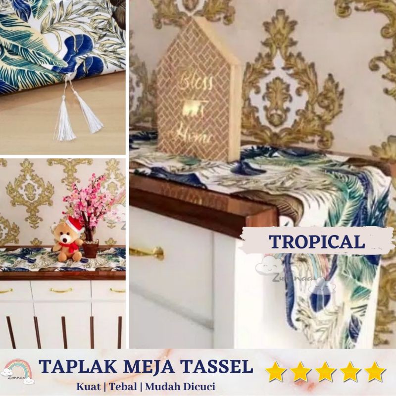 TAPLAK MEJA TAMU SET MEJA MAKAN TABLE RUNNER ALAS MEJA MINIMALIS KAIN KANVAS MOTIF TROPICAL