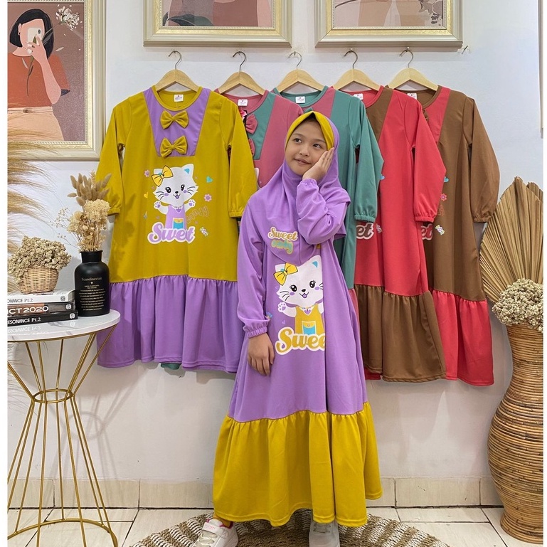 Gamis + hijab anak perempuan motif sweet candy bahan voxy premium merk latin (5-10 tahun)