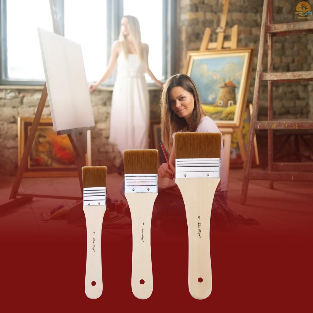 3pcs Professional Flat Paintbrush Set Nylon Hair Paint Brush Wooden Handle Artist Paint Tool for Acrylic Oil Gouache Watercolor Wall Arts and Craft Painting DIY Projects Household Clean