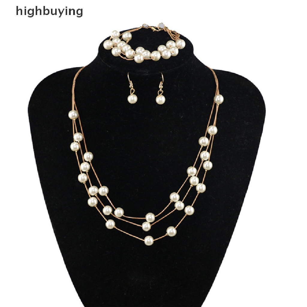 Hbid Set Kalung + Anting + Gelang Mutiara Multilayer Untuk Pengantin Wanita