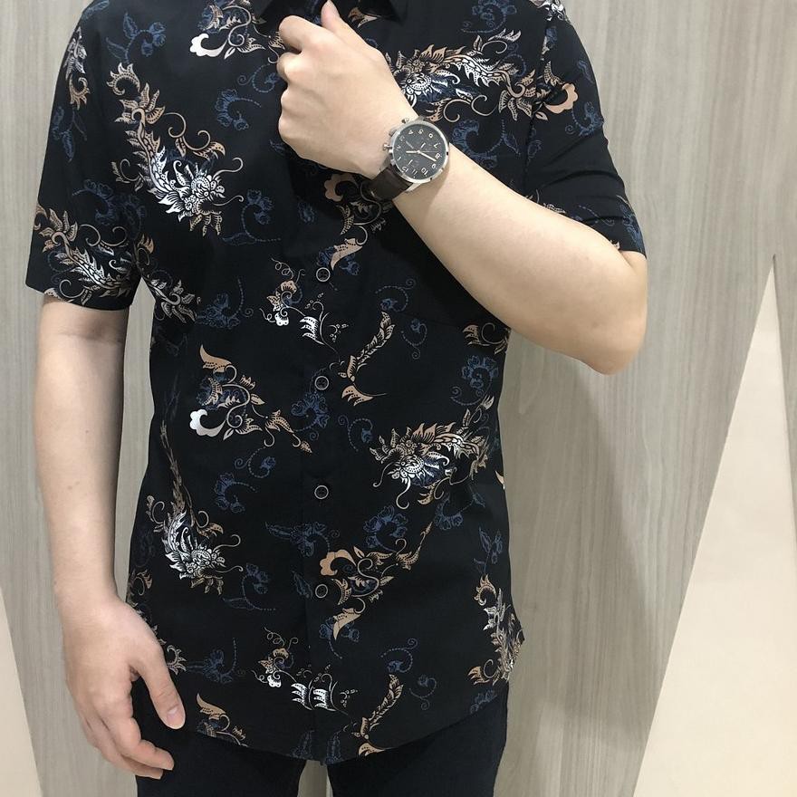 [GRIDLINE S124 - Black & Navy] Kemeja Batik Match Pria Lengan Pendek Slimfit Casual Simple