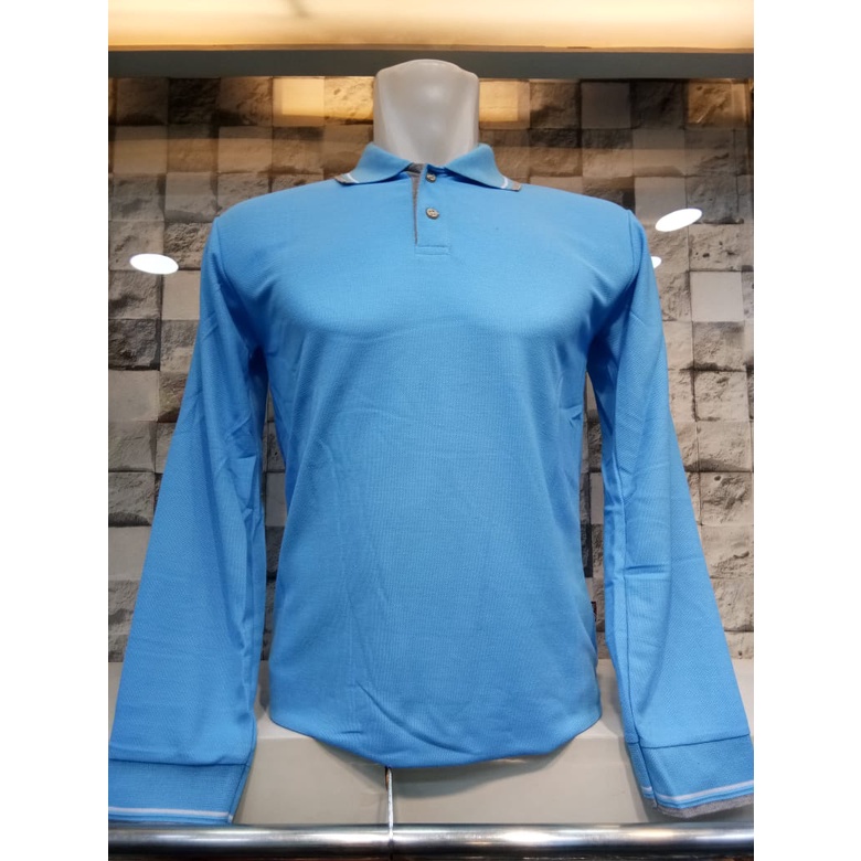 Kaos Kerah Polo Shirt Lis Lengan Panjang Warna Biru Muda Untuk Cewe Cowo Seragam Partai Merk LJ92