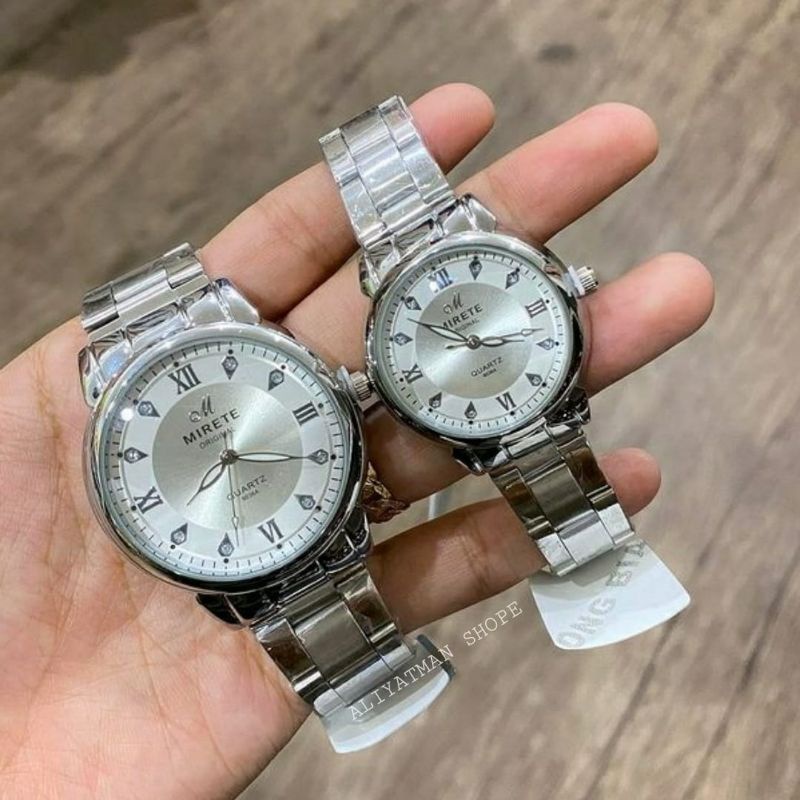 JAM COUPLE MIRETE WARNA SILVER ORIGINAL ANTI AIR RANTAI STAINLES STEL JAM TANGAN PRIA DAN WANITA TAHAN AIR BISA SATAUAN BESTSELLER  FREW BATARI CADANGAN_JAM TANGAN PRIA RANTAI STALINLES_JAM TANGAN WANITA RANTAI STAUNLES STEL MIRETE ORIGINAL TERLARIS