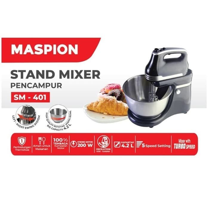 MASPION Stand Mixer 4.2L SM-401 Stainless New Original Garansi Resmi - Berkualitas