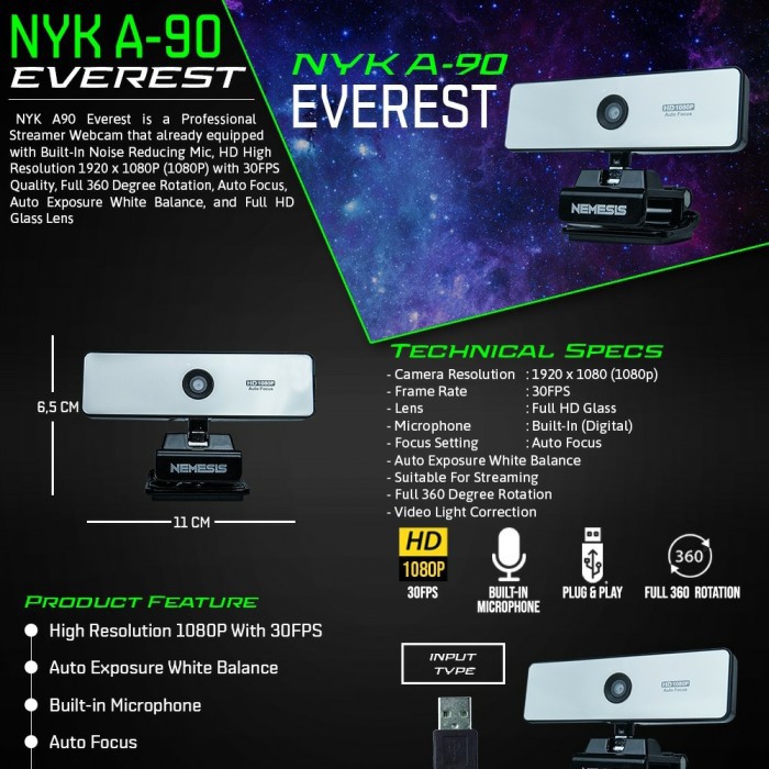 Nyk A90 Everest Webcam 1080p Auto Focus Pro Gaming