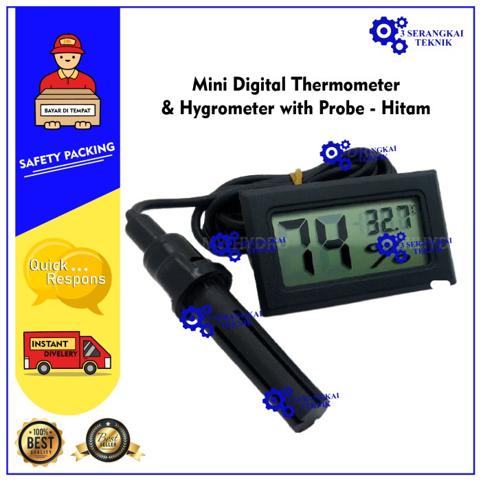 Mini Digital Thermometer &amp; Hygrometer with Probe - Hitam