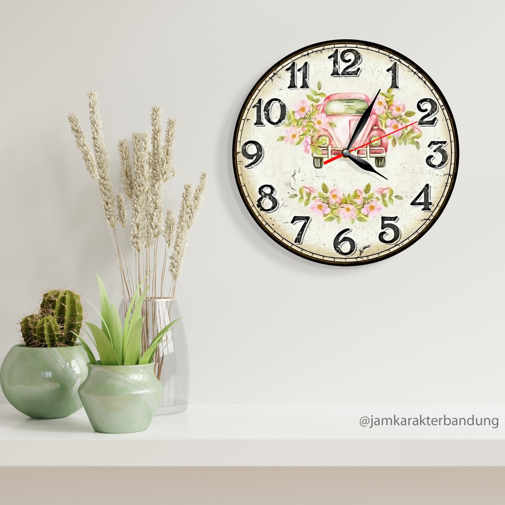 Jam Karakter Bandung - 061 Jam Dinding Motif Bunga Cantik Mobil Vw