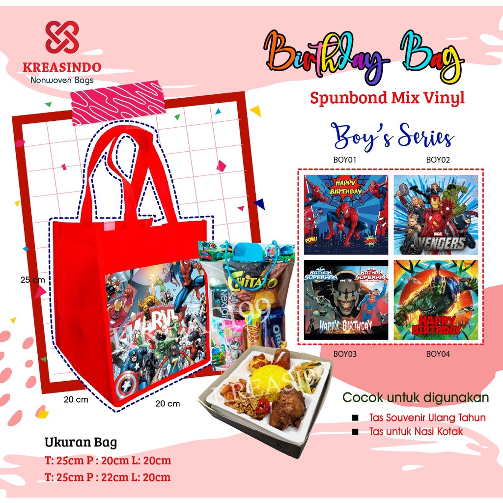 

Tas Ulang Tahun Spunbond Vynil custom MURAHH & HIGH QUALITY..isi 12 pcs..!! Super Heroes..!!