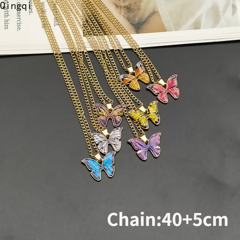 Anting Dan Kalung Rantai Liontin Butterfly Warna-Warni Untuk Wanita