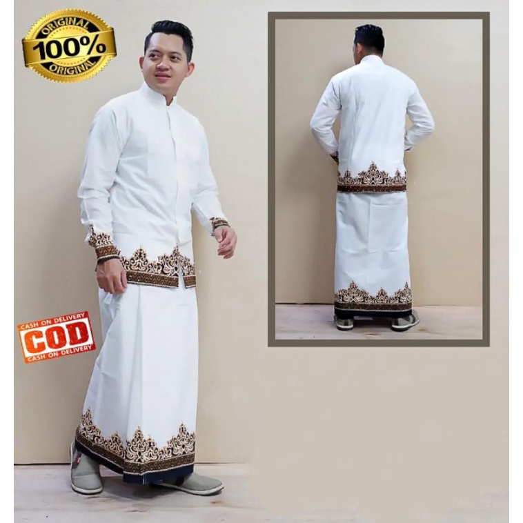 Setelan sarung batik dan kemeja tumpal putih/setelan sarung celana(sarcel)dan Koko batik tumpal puti