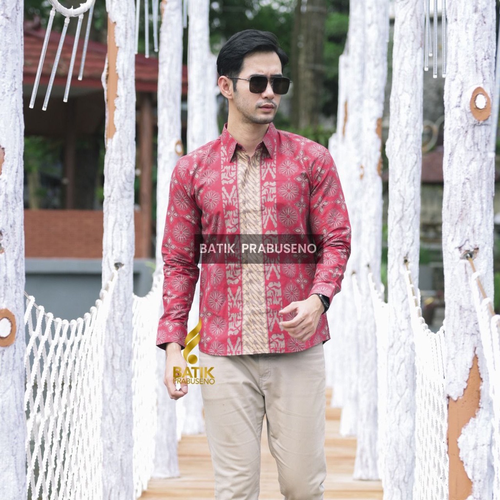 Batik Prabuseno Motif Hanum Merah Baju Batik Pria Slimfit Lengan Panjang Full Furing Erro Kualitas P