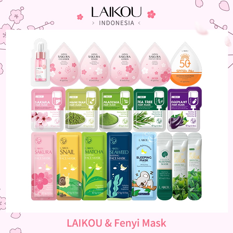 LAIKOU Serum Sachet Mud Mask Sleeping Mask Krim Sunscreen Sakura Green Tea Rumput Laut Terong Matcha Centella