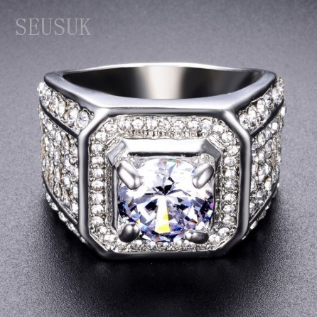 SEUSUK  Cincin Silver Pria Hias Berlian Safir Putih Kotak untuk Acara Pernikahan COD Ring