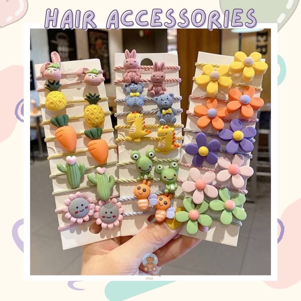 MBSS -  IKAT ORENJI 10PCS / Set Ikatan Rambut Anak Icon Karakter Import / Ikat Rambut Anak Karet Motif Karakter