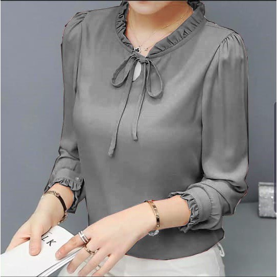 ZAZA_FASHION Baju Atasan Wanita Terbaru 2021 Real Pict Blouse Wanita Hits Kerah Kerut-2