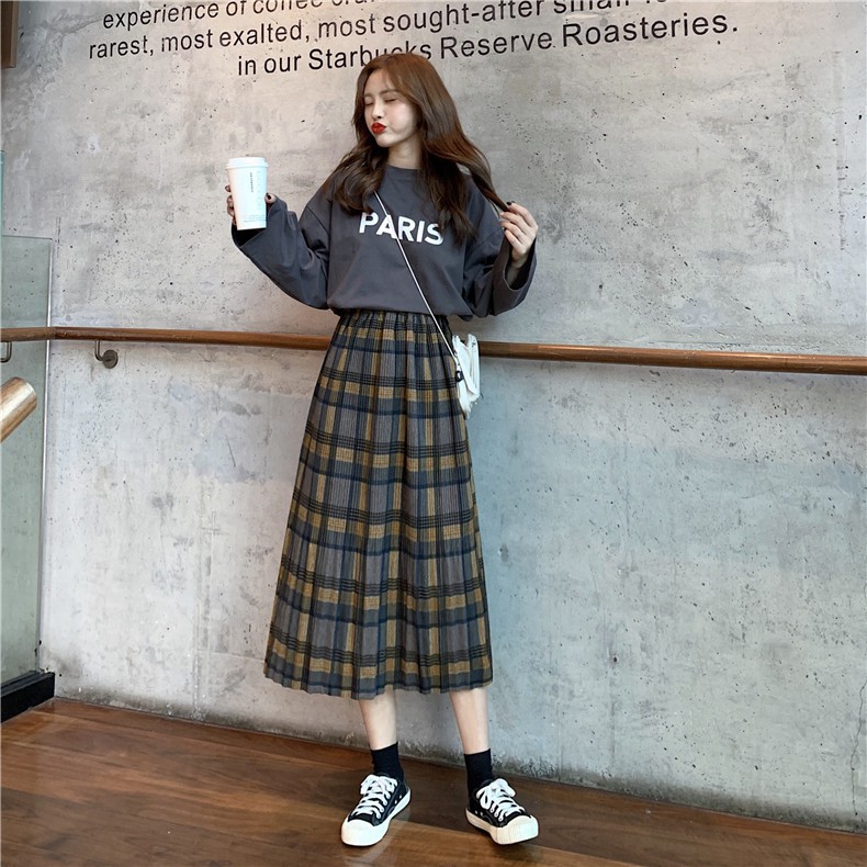 Rok Korea kisi Rok lipit pinggang tinggi rok panjang