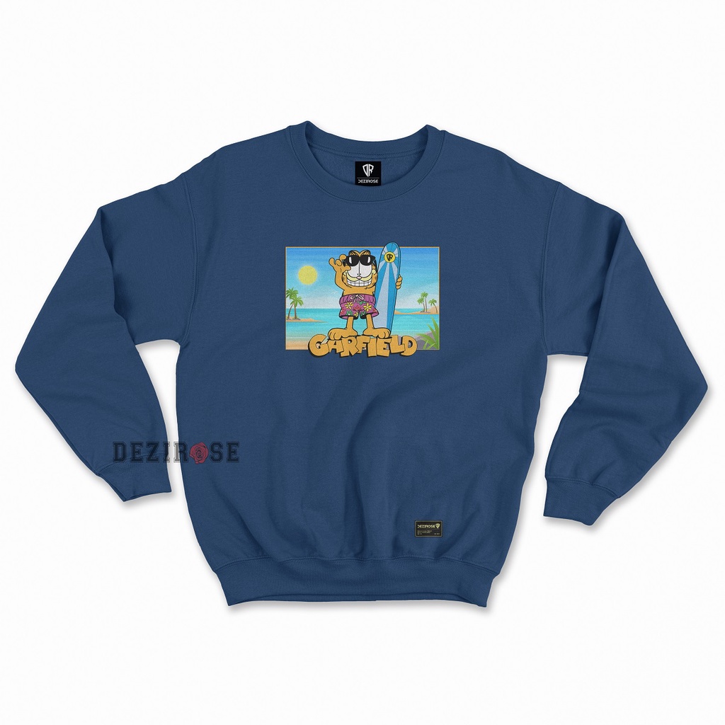 DEZIROSE Sweater Crewneck Garfield Surfing Pria &amp; Wanita Premium Quality Bahan Fleece Tebal Terbaru