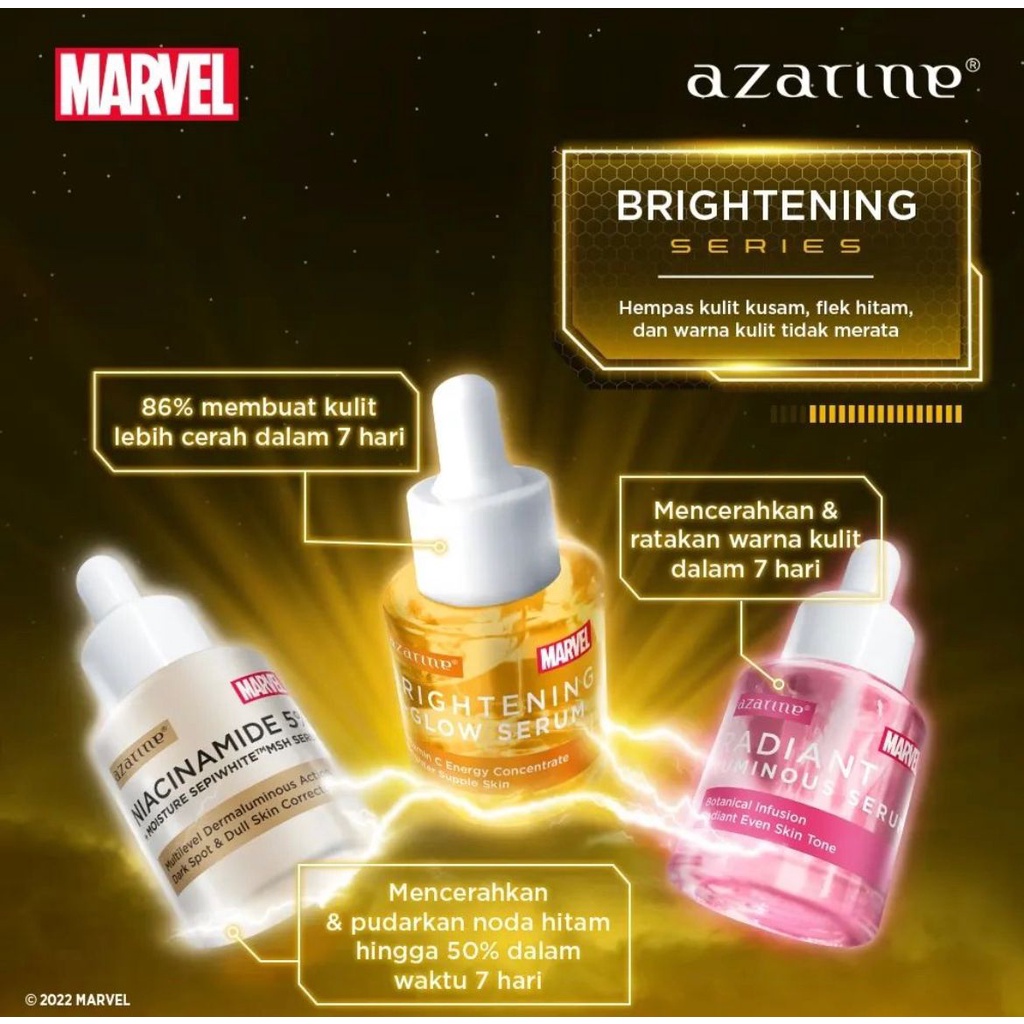 BPOM Azarine Acne Spot Serum Marvel Retinol Smooth Niacinamide 5% + Moisture Sepiwhite Brightening C-Glow AHA-BHA-PHA Peeling Pore Tightening &amp; Oil Control Moist Hydramax Water Bank Radiant Luminous Revitalizing Anti Aging Calming Skin Pair Daily Defender