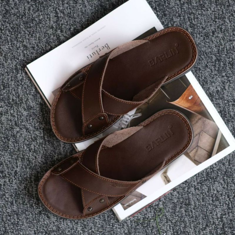 BRLN 003 Brown Sandal Pria Full Kulit Asli Original Sendal Santai Anti Slip Klasik