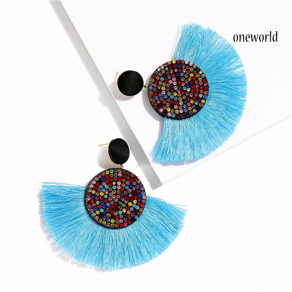 OW@ Bohemia Women Fan Shape Tassel Rhinestone Inlaid Ear Stud Earrings Jewelry Gift