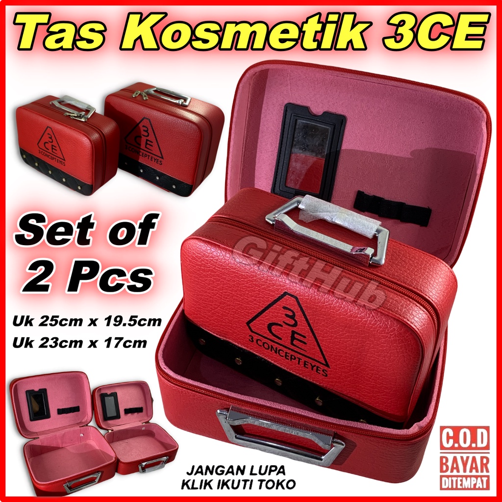 [COD] Set 2pcs Tas Kosmetik 3CE Koper Makeup Professional dengan Cermin Warna Merah Fashionable 3 Co