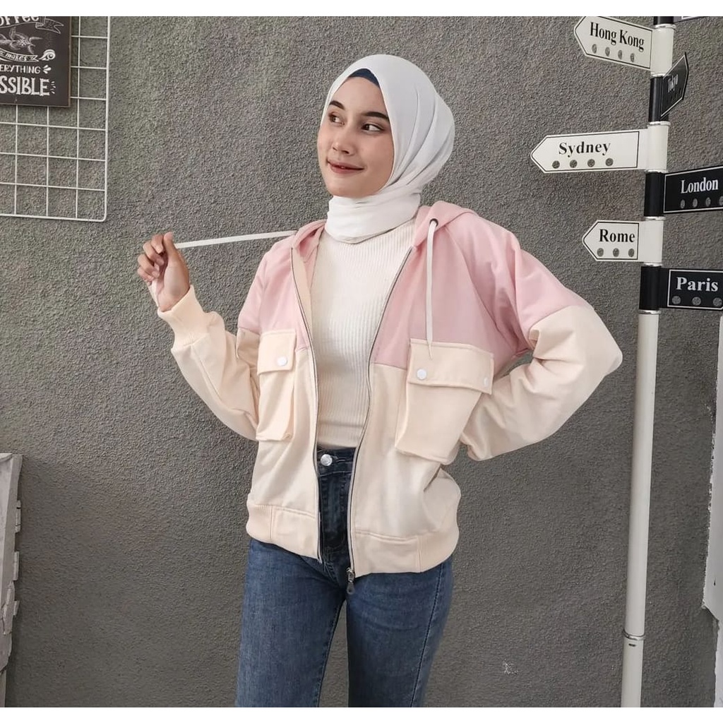 TWO TONE JACKET POCKET WANITA | SWEATER JAKET OVERSIZE COMBINE | Jaket Outfit Wanita Korean Style Wanita