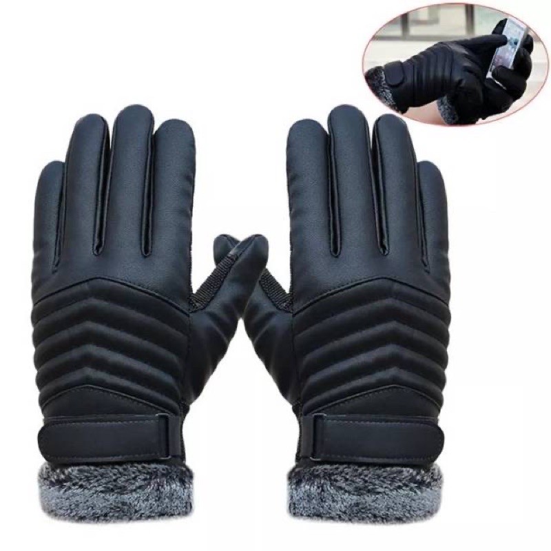 Sarung tangan winter pria gloves hangat musim dingin touchscreen kulit leather hitam black MEN