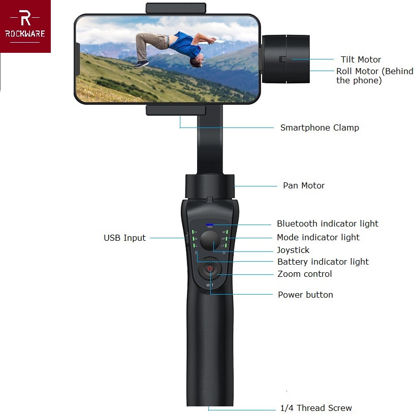 ROCKWARE RW-S5B - 3-Axis Folding Stabilizer - Gimbal Smartphone