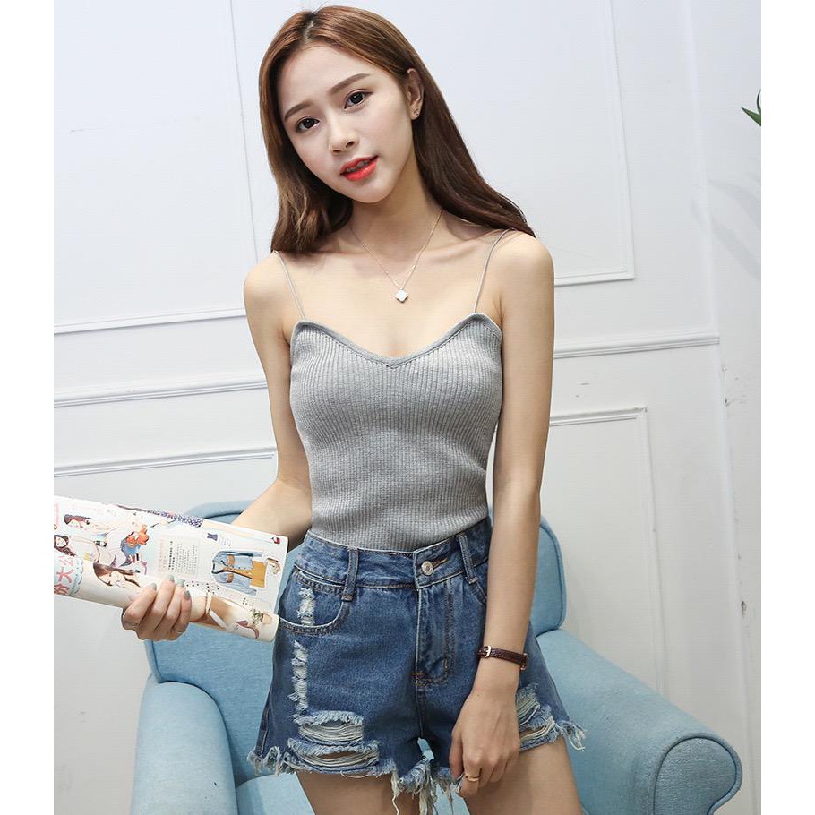 HUES.ID Korea Knit Tank Top Wanita / Kamisol Rajut / Tanktop Polos Import 4030