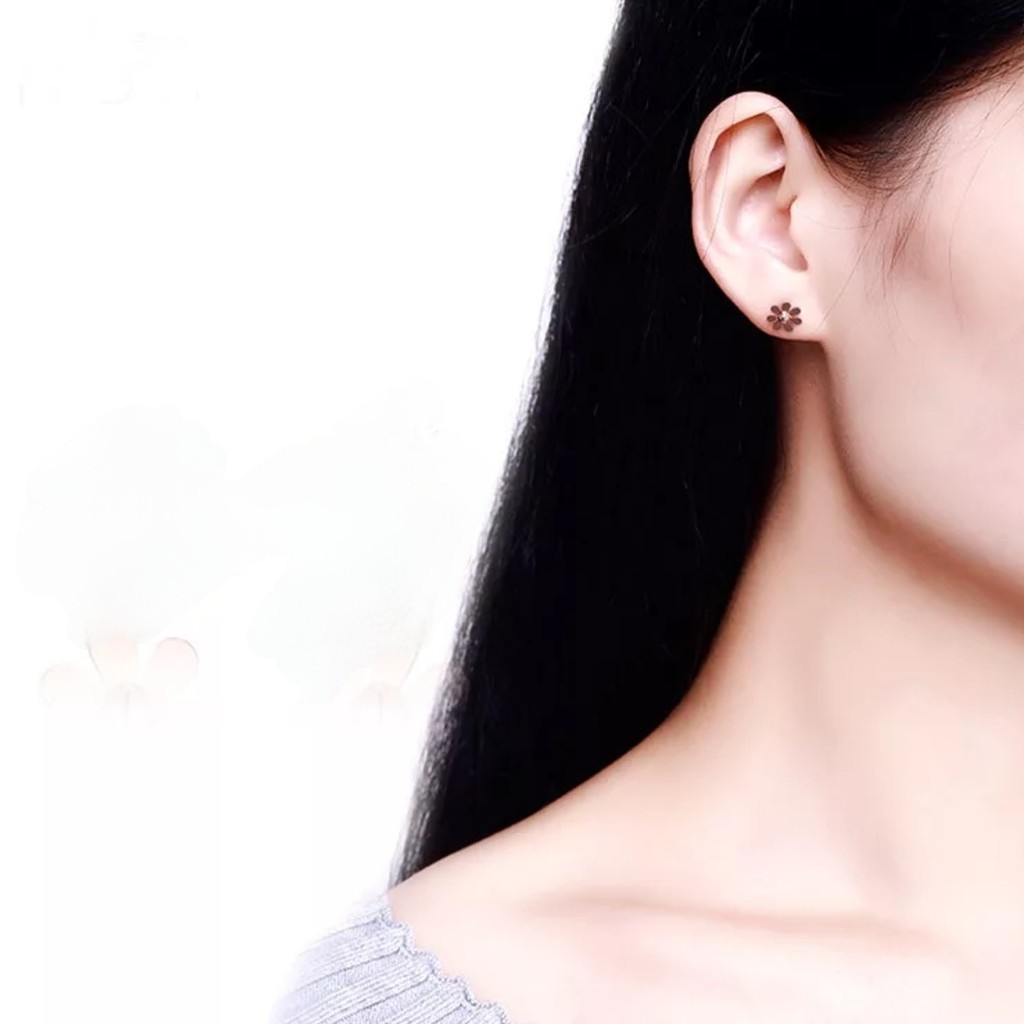 Anting Tusuk Titanium Aksen Bunga  Warna Steel Rose Gold, Gold dan Silver