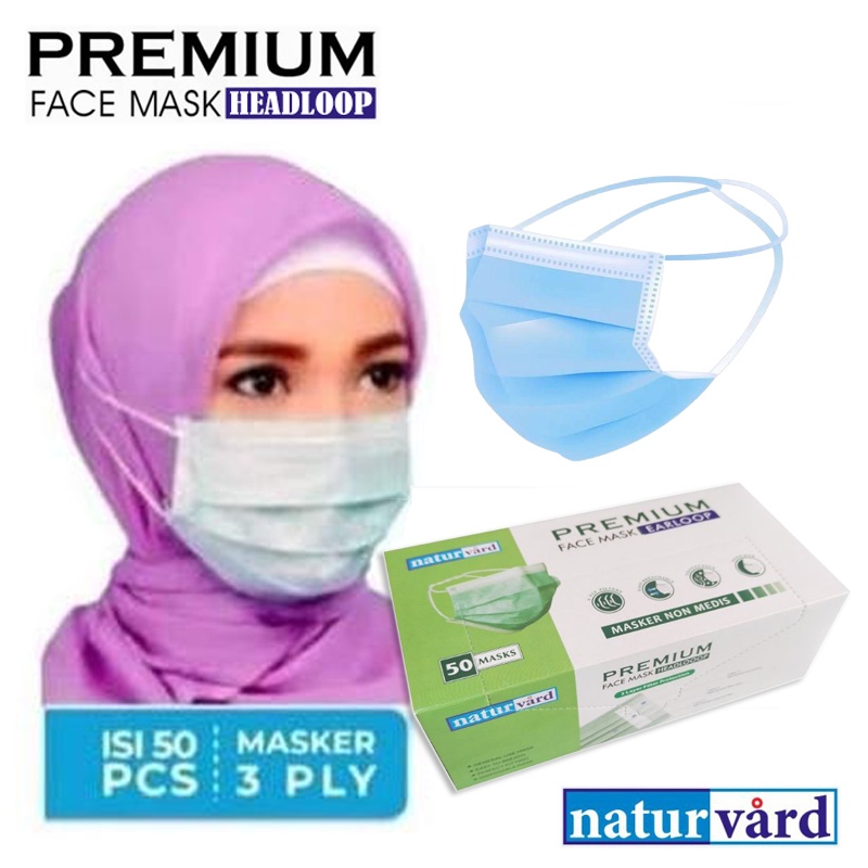 Masker hijab natur vard 50pcs 3ply /hijab masker dewasa / masker headloop disposable face mask murah/ biru/masker polos