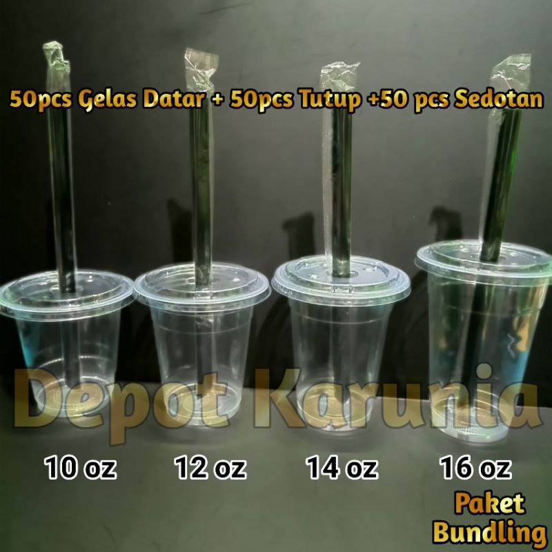 Paket 50 pcs Gelas Cup Plastik Datar + 50pcs Tutup + 50pcs Sedotan / Gelas Cup Plastik