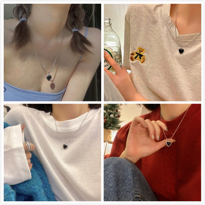 AY(CN) Kalung Rantai Choker Liontin Batu Permata Hitam Bentuk Hati Warna Silver Gaya Korea Untuk Wanita
