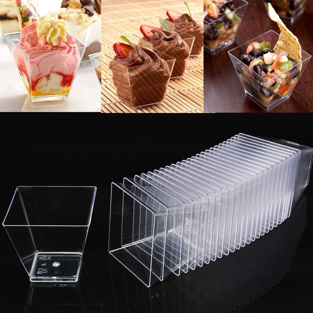 Solighter 10 / 30 / 50 Pcs Cup Holder Makanan Penutup Bentuk Trapesium Transparan Ukuran 60ml