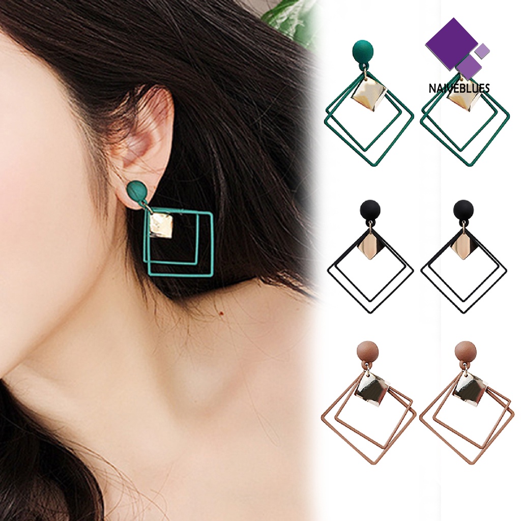 1 Pasang Anting Stud Tindik Bentuk Persegi Ganda Bahan Alloy Untuk Hadiah